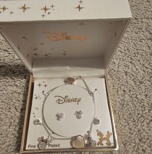 Disney Silver Plated Bracelet Earrings Set Minnie Mickey Charms New in Box